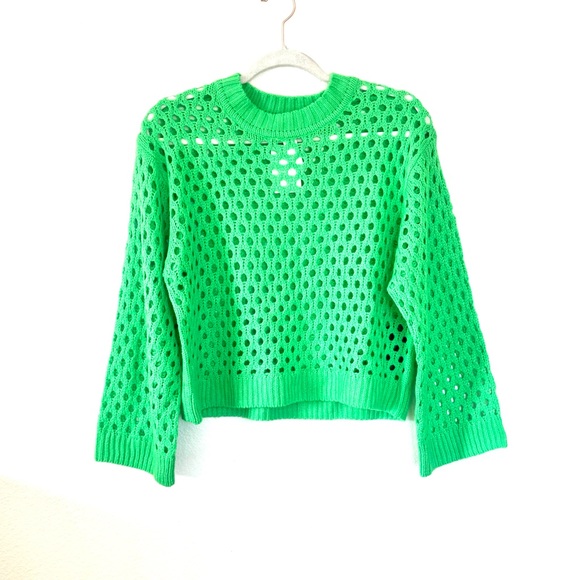 DIVIDED H&M Lime Green Soft Open Knit Crochet Crop Sweater Wide Sleeve S NEW - Picture 3 of 11